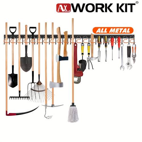 organizador de herramientas de jardín de metal de 68 - estante de almacenamiento en pared para garaje y cobertizo, ganchos de metal recubiertos de goma antideslizante para palas, escobas, rastrillos, cobertizo, sótano, gancho de pared, ganchos de utilidad, estantes de almacenamiento