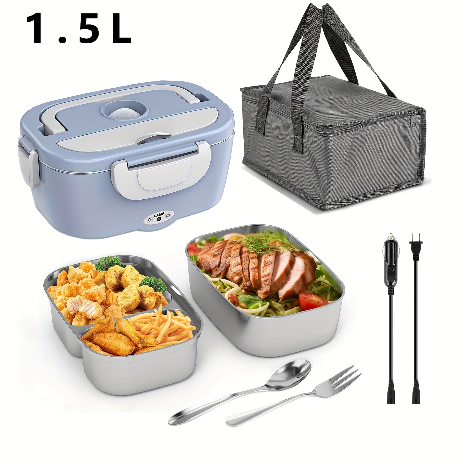 

Electric Lunch Box - Portable Fast Heating Lunch Box (12v/24v/110v) - 1.5l Stainless Steel Container Adult Food Warmer With Tray - Suitable For Cars, Trucks, Offices And Outdoors (blue)