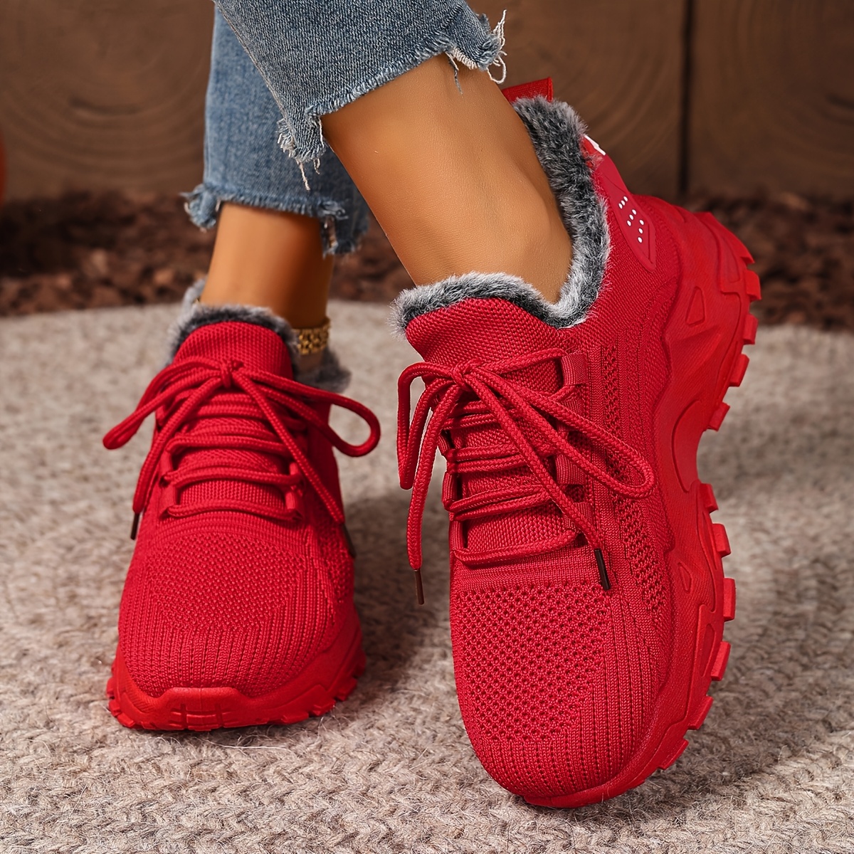 Plus Size Women's Warm Knitted Snow Sneakers for Outdoor Use