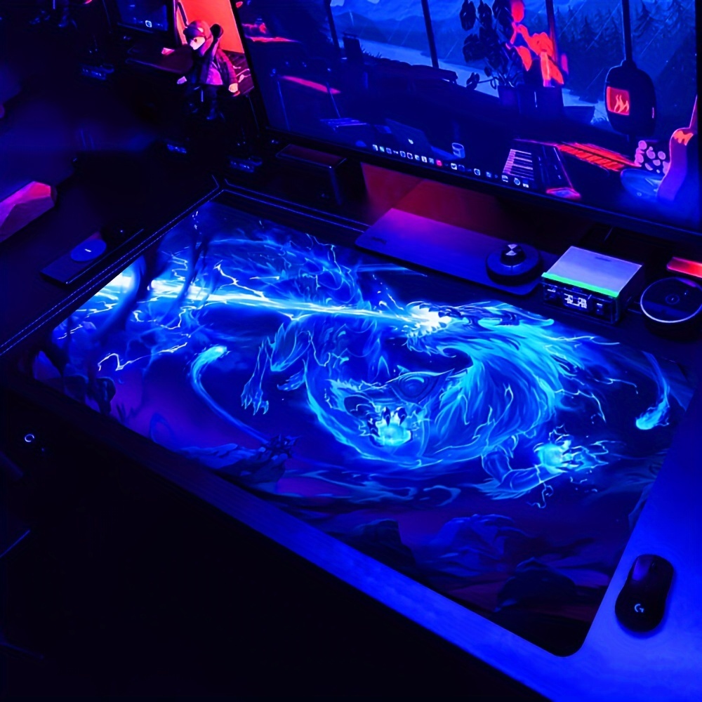 

Large Gaming Mouse Pad With Blue Dragon Design - Extended Desk Mat, Uv Reactive, Glowing Effect Under Black Light, Polyester, Non-slip, Washable Rubber Base For Esports Computer Setup (1-pack)