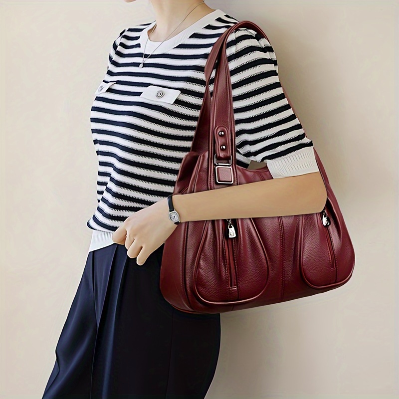 womens casual shoulder bag burgundy solid color lightweight with adjustable strap zipper closure polyester lined edge paint multi pocket crossbody handbag for travel commuting dating shopping holiday theme Product details 9