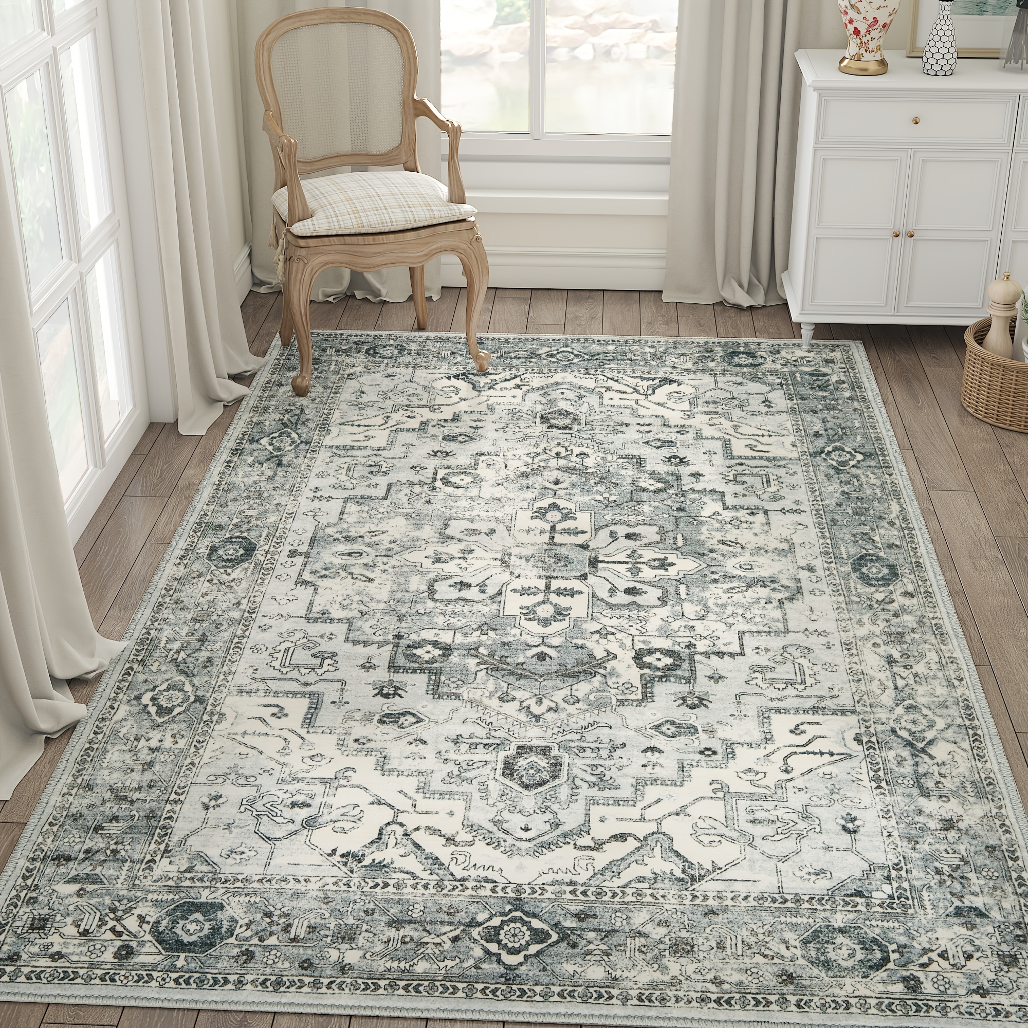 TEMU 1pc Vintage Area Rug, Washable Non-slip Backing Soft Rug With Floral Low Pile Lightweight Rug For Bedroom Living Room Entryway Home Decor