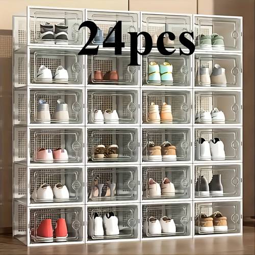 24pcs clear plastic shoe box with lid collapsible stackable shoe rack organizer suitable for all shoe types waterproof storage boxes for home dorm foyer space saving shelf with assembly clear boxes for sneakers