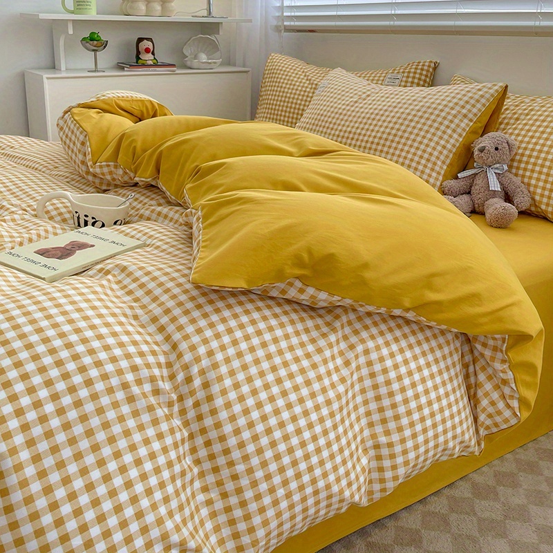TEMU Ensemble de couette 4 pièces (1 * Housse de couette + 1 * Drap de lit + 2 * Taies d'oreiller, le noyau de couette), literie imprimée à carreaux