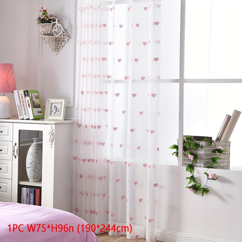 Image of Kawaii Heart Embroidered Sheer Curtain - Perfect For Girls' Bedroom & Living Room Decor, Includes Hooks, Cartoon Style