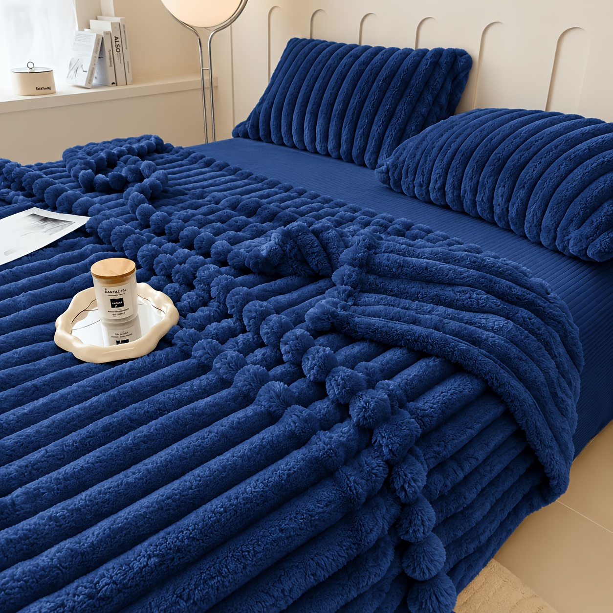 TEMU Thickened 270gsm Flannel Fleece Blanket, Soft Solid Color Wide Stripe Jacquard Throw, Warm Cozy Blanket For Bed Sofa Couch, Machine Washable,