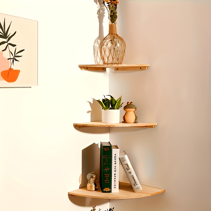 TEMU 3pcs, Bohemian Style Wooden Corner Wall Shelf, Rustic Floating Shelves For Living Room Bedroom Bathroom Kitchen, Wall-mounted Storage Display