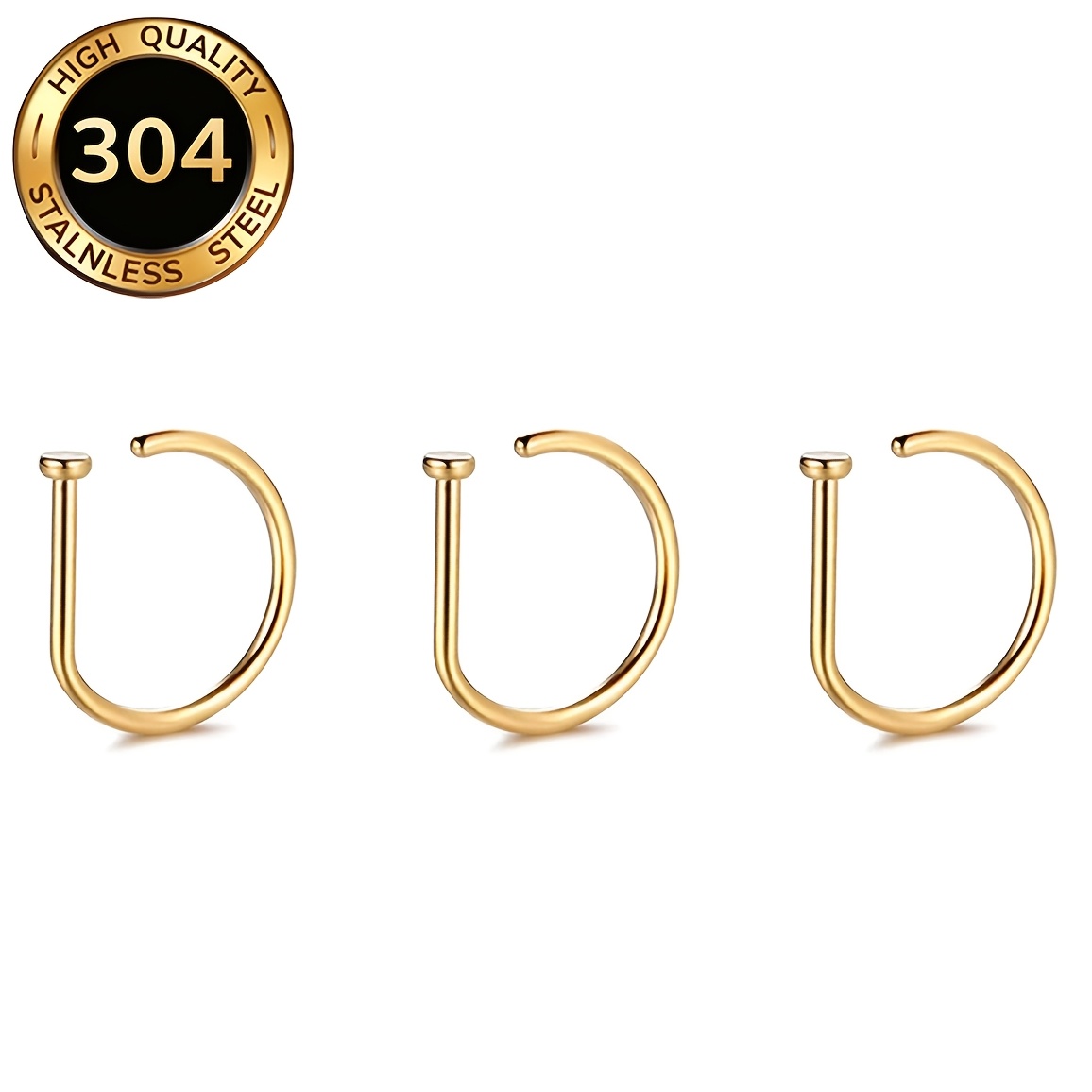 TEMU Bague de nez en acier inoxydable 304 de D de 0,8 mm * 8 mm, 1/3/5 pièces, bijoux de piercing corporel unisexes pour fête, style hip-hop et