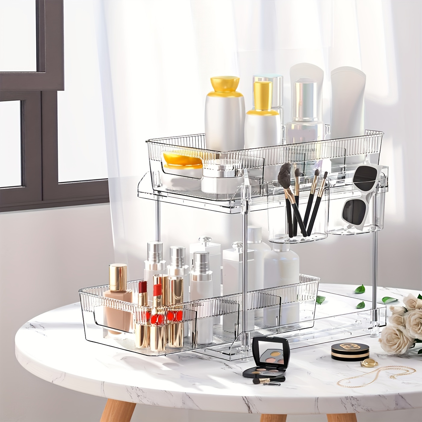 

2 Tier Bathroom Organizer With Dividers, Clear Under Sink Organizers Storage Slide Out Bathroom Vanity Counter Storage Container For Kitchen Closet, Medicine Organizer