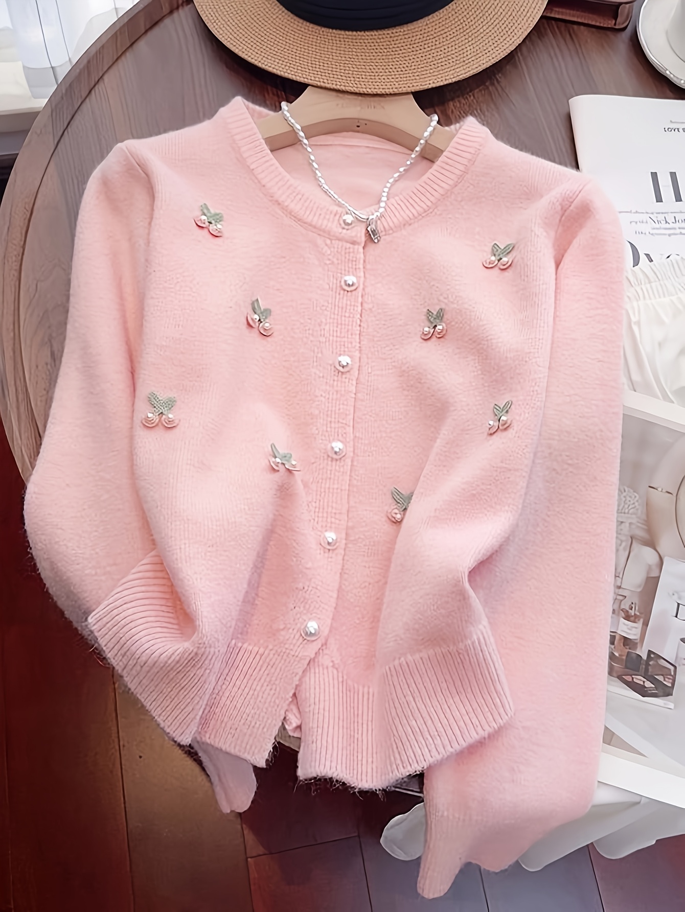 Elegant Ladies' Fashion Pearl Cardigan | Conventional Collar, Solid Color, Suitable for All Seasons