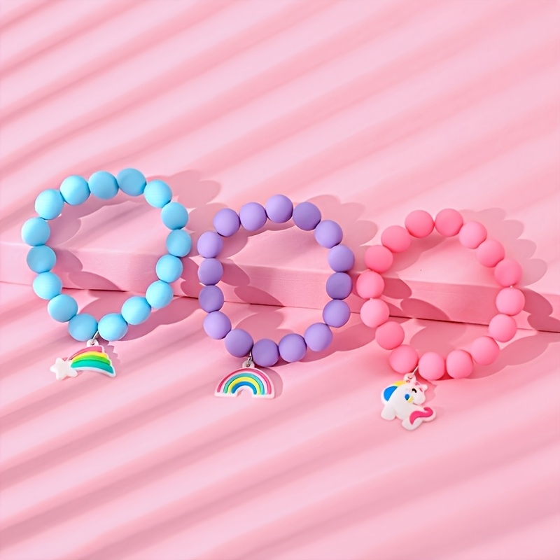 3pcs Cute Unicorn Rainbow Beaded Elastic Bracelets Set for Girls