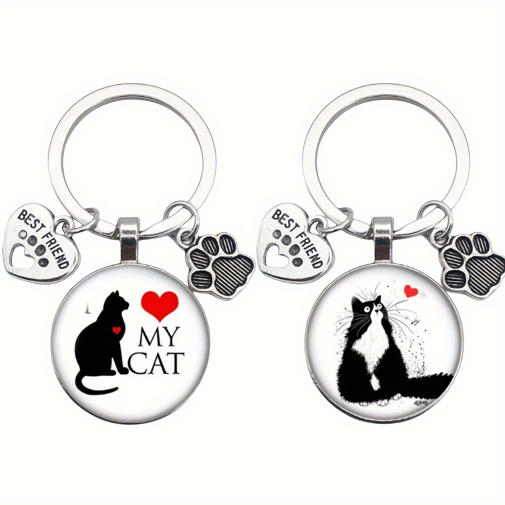 

1pc Keychain With A Round Glass Dog Paw Print For Cat Lovers