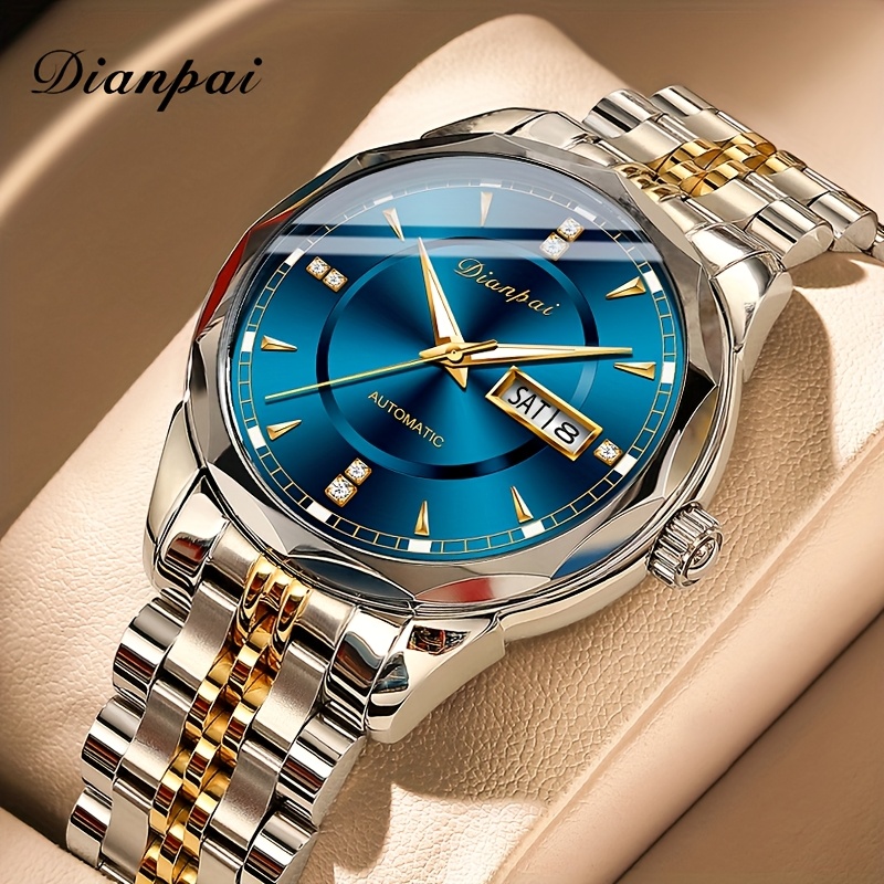 1pc *'* Mechanical Watch with Luminous Blue Dial, Golden Markers Roman  Stainless Steel Band, Date Day Display, Waterproof Business Ideal 