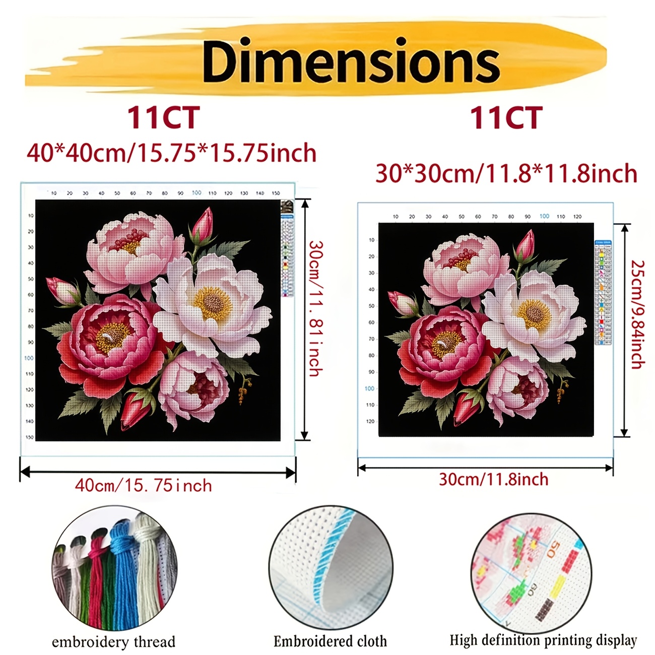 DIY Cross-Stitch Printing Kit Featuring Peony on Black Background, Perfect for Beginners