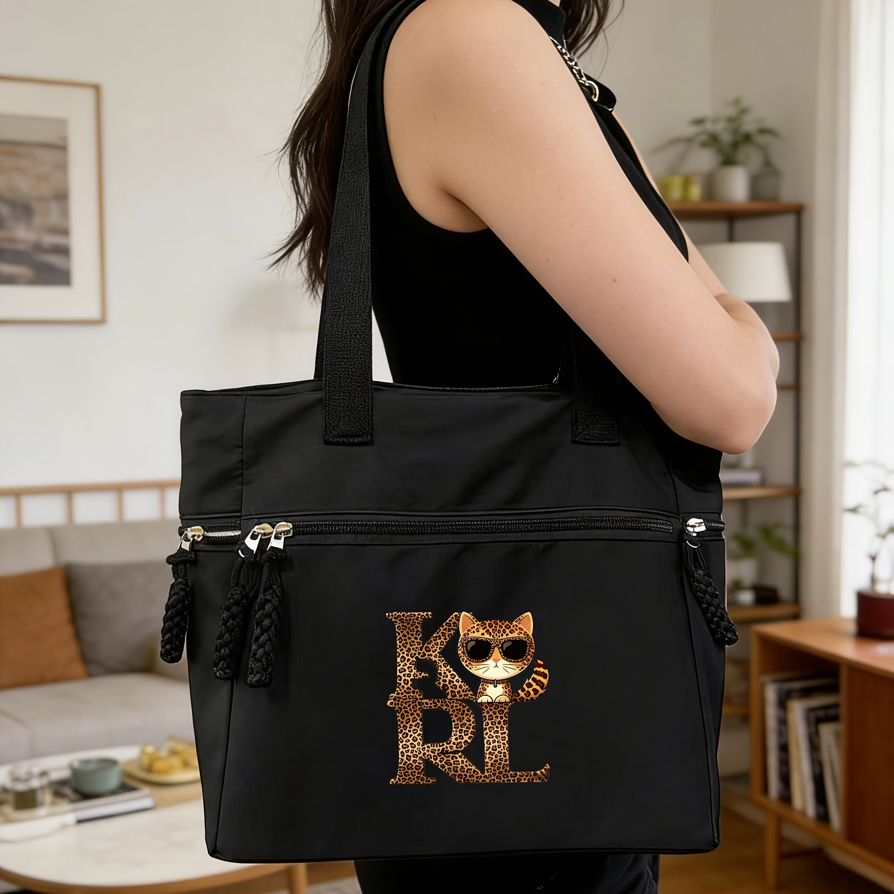 TEMU Leopard Print Krl Letter Pattern, Cat Pattern Nylon Tote Bag, Adjustable Middle Zipper, Large Capacity Multi-zipper Design, Black Versatile