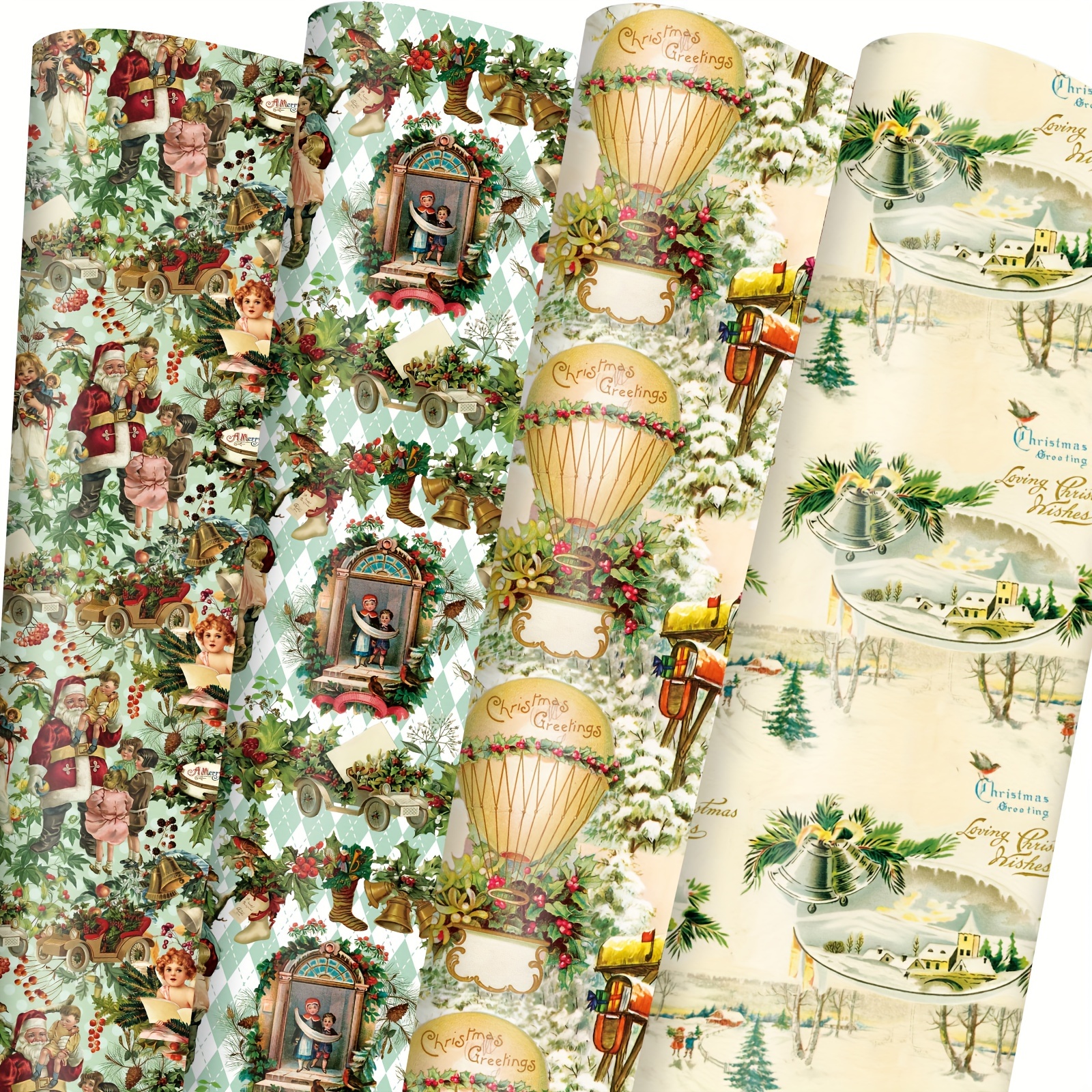 Image of 8 Pcs 4 Style 20 X 28 Inch Vintage Christmas Wrapping Paper Retro Santa Claus Balloon Bell Gift Wrap Paper Bulk Folded Flat For Christmas Decorate, Party Celebration