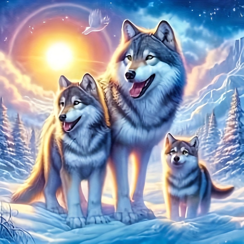 

Kit de peinture en diamant 5D - Thème de famille de loups de neige - Toile de broderie complète en diamant rond pour décoration murale, 40x40cm (15,75x15,75 pouce), série d'artisanat cadeau animal