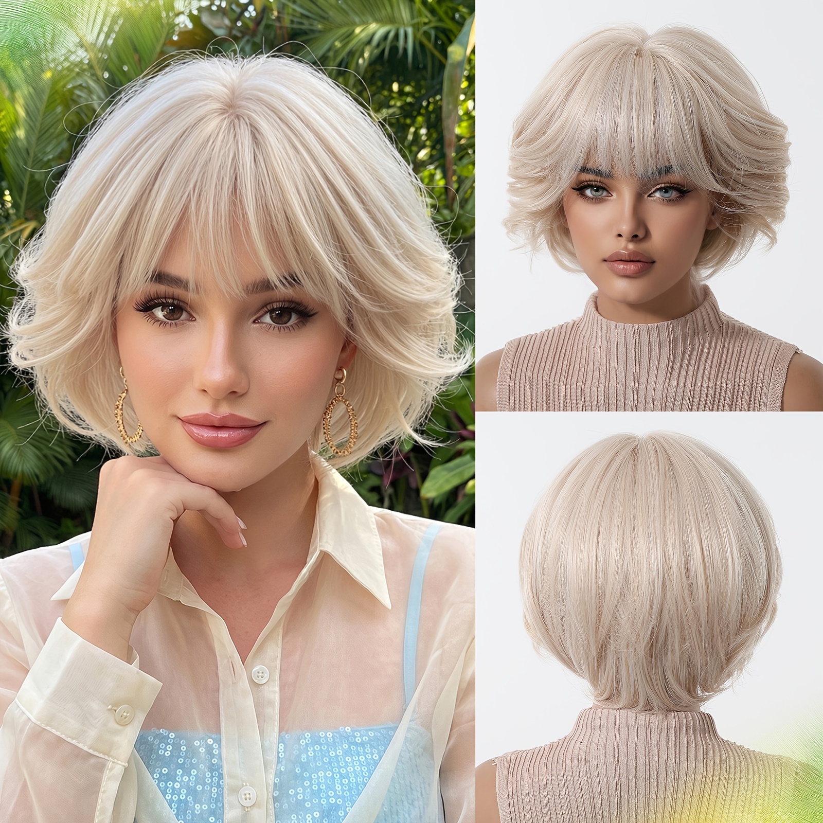Image of Easy To Manage Water Ripple Short Curly Wig: 8 Inch Milky White Golden Layered Short Wig, Stylish And , Suitable For Interaction, Suitable For All Kinds Of People, Beautiful To Wear