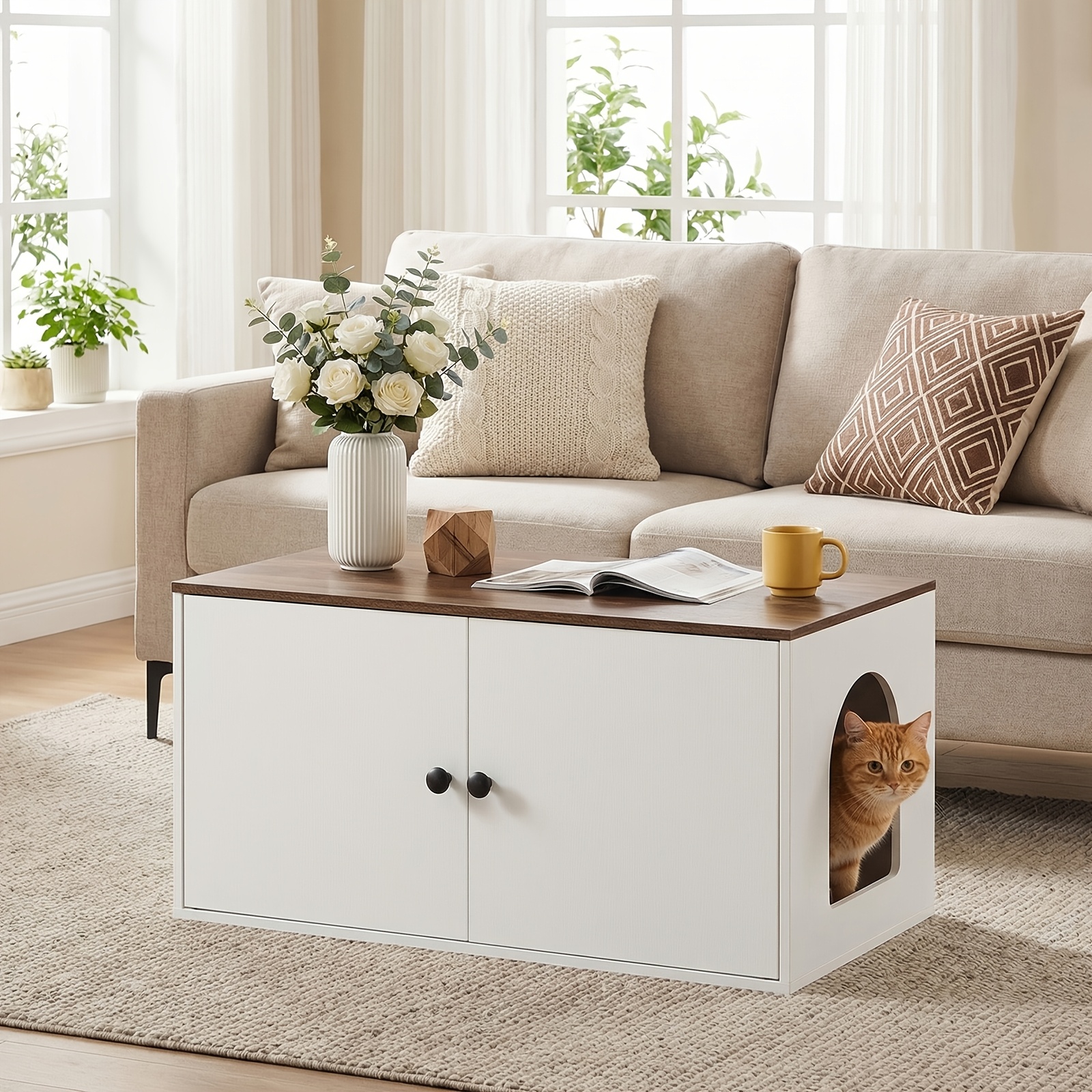 Wooden Cat Litter Box, Wooden Cat Toilet, With Side Entrance, Suitable For Living Room, Bedroom, , 80 X 45 X 41.5cm, White