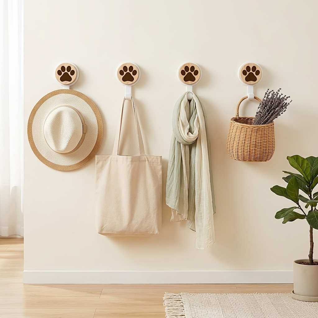 TEMU 4pcs Wooden Hooks With Cute Paw Print Design, Damage-free Wall Hangers For Keys, Coats, Bags â Gift & -051, Utility Hooks