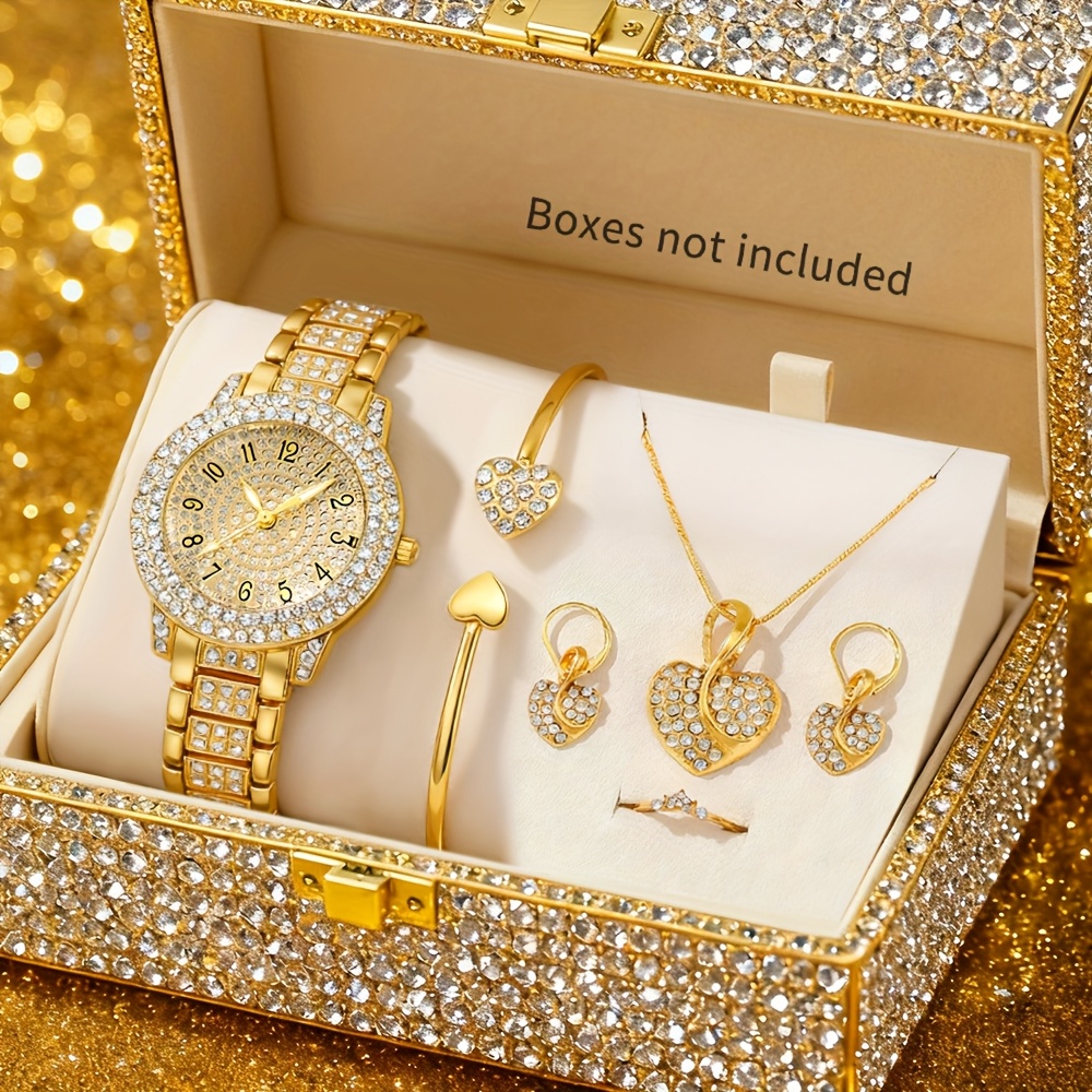 6pcs Elegant Fashion Women's Quartz Watch With Rhinestone Heart Jewelry Set, Alloy Dial And Strap, Perfect For Daily Wear And