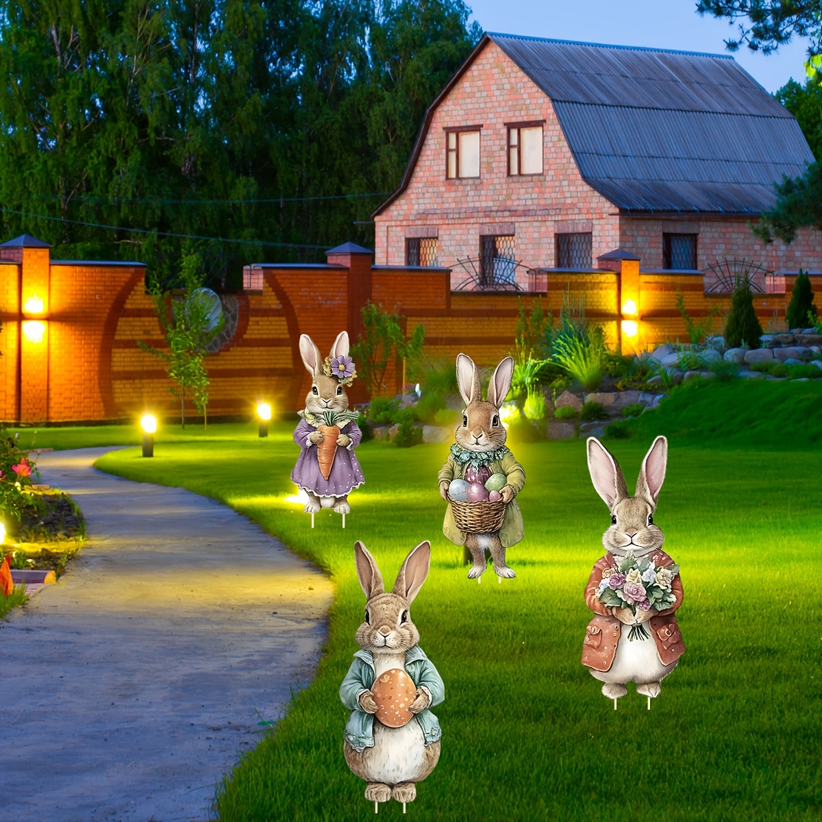 

4pcs Easter Bunny Yard Signs With Stakes, Cute Rabbits Plastic Outdoor Lawn Garden Decorations, Ideal For Party Celebrations