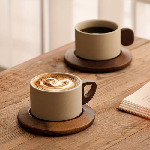 1 set 250ml vintage ceramic coffee cup with handle and wooden plate classic straight design heat resistant handmade coffee cup wide mouth cup suitable for teacup ideal for and gifting