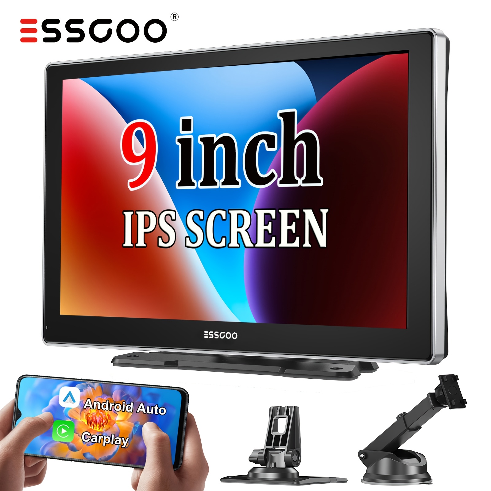 Essgoo 9" Portable Car Stereo Featuring And Auto | Universal Touchscreen Radio | Includes , Aux/fm Transmitter, And Voice Control | 2 Mounting Options