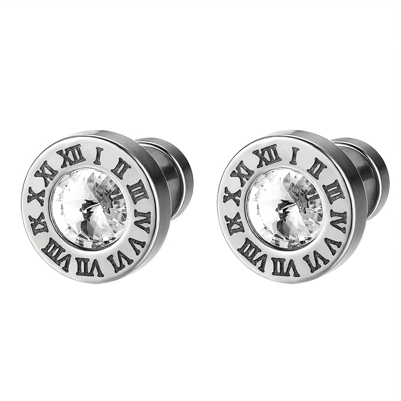 Image of Unisex Ear Studs, Cylindrical, Inlaid With Synthetic Zirconia, Roman , Stainless Steel Material, Jewelry Gift, Suitable For Wearing On Occasions
