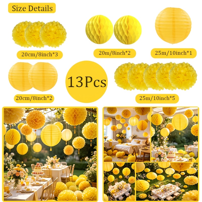 TEMU 13pcs Yellow Handmade Style Paper Lantern And Beehive Party Decoration Set, Reusable For Weddings, Birthdays, Baby Showers, Wedding Arches, And