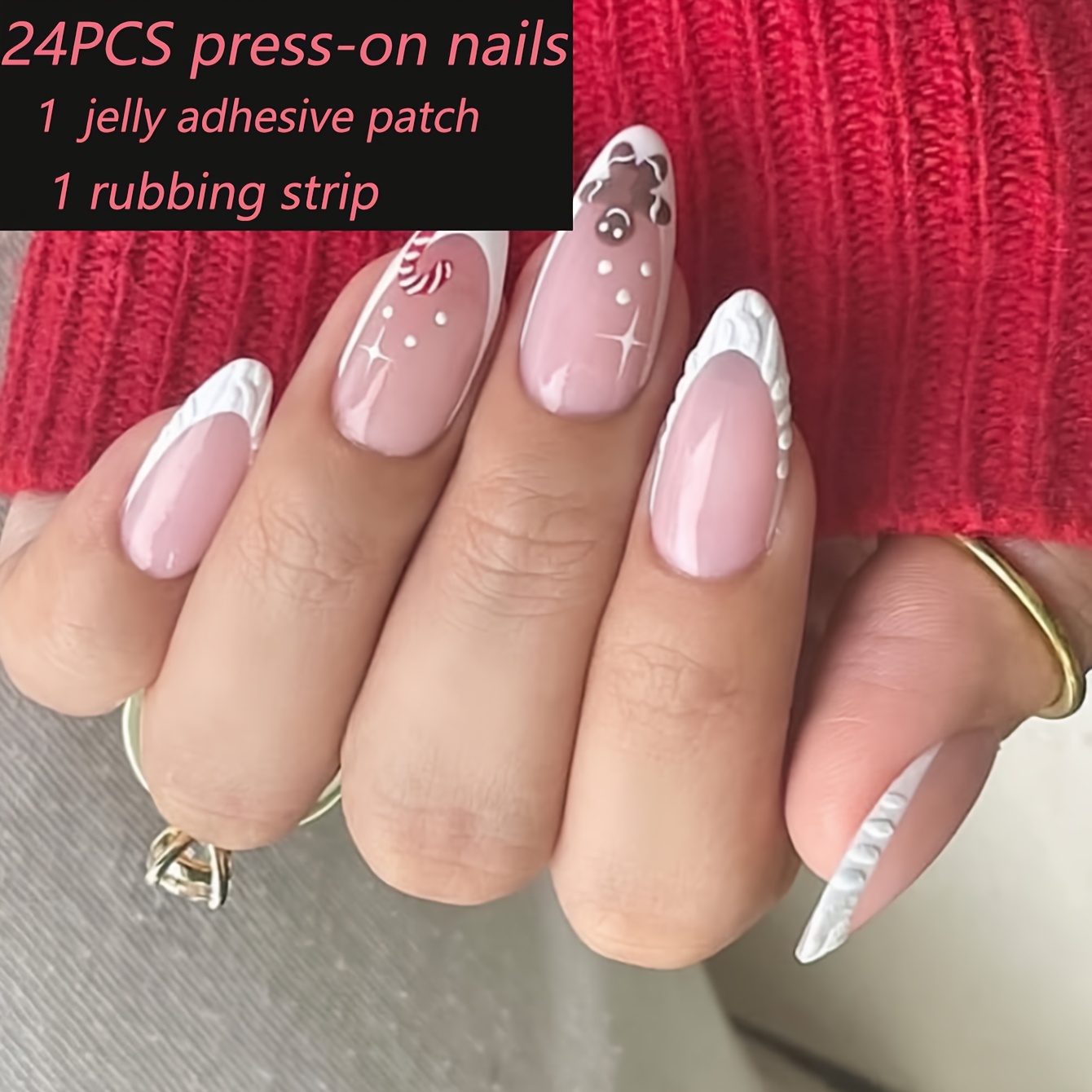 TEMU 24pcs Christmas Almond White French Fake Nail 3d Sweater Knitted Texture Cute Gingerbread Man Pattern 1 Jelly Adhesive Patch And 1 Rubbing Strip