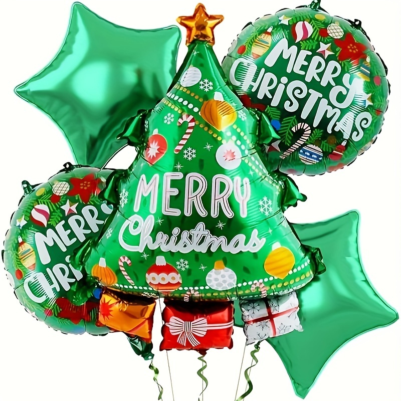 Image of 5-pack 18" Christmas Tree Foil Balloons, Green Aluminum Film Round Balloons With Curling Ribbon, Holiday Party Decorations, No Electricity Needed