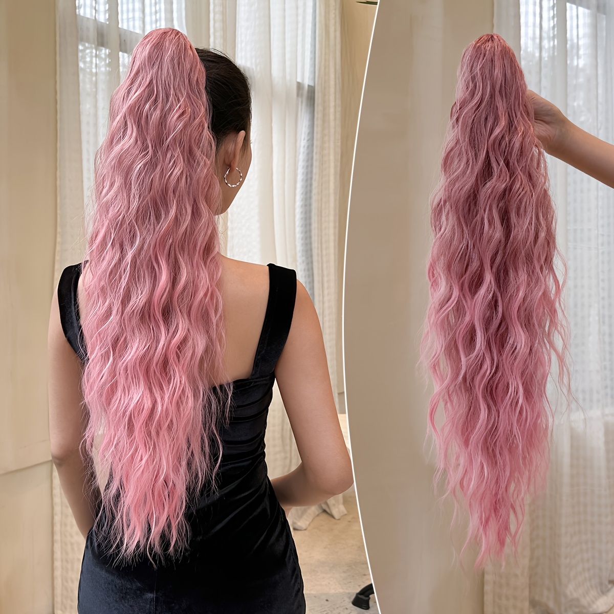 Claw Shaped Ponytail Extension Pink 28 Inch Water Wave Heat-resistant Fiber Synthetic Ponytail Wig, Suitable For Short Hair Accessories For Women' Use