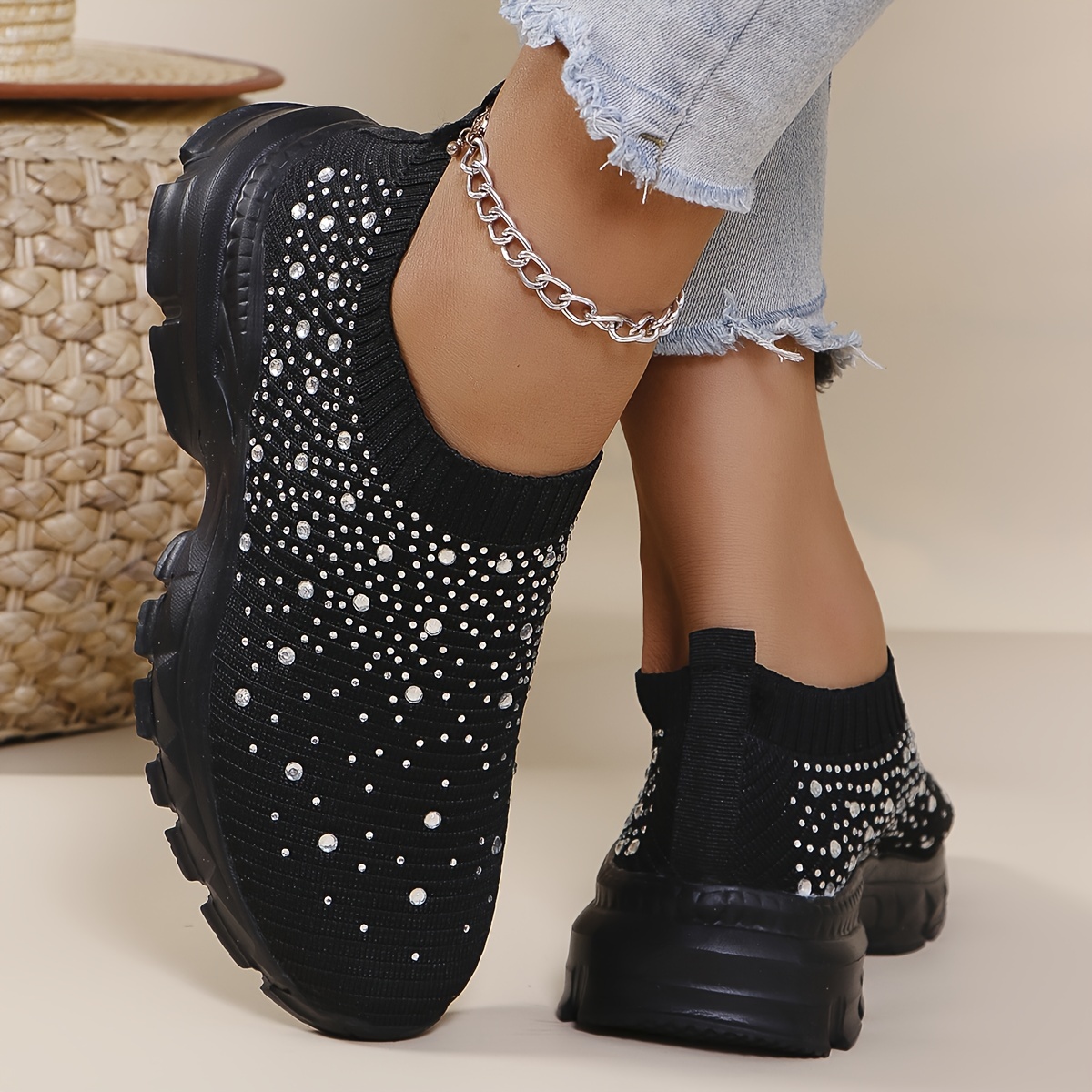 

Women's Slip-on Walking Shoes With Rhinestone Embellishments, Breathable Fabric Upper, Lightweight Eva Sole, Stabilizing Support, Comfort Insole, Versatile For All Seasons - Taizhou Origin