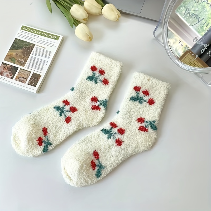 1/3random/5 Pairs Cute Fruit/flower Pattern Women's Mid-calf Socks | Soft Cozy Thick Warm /slipper Socks For