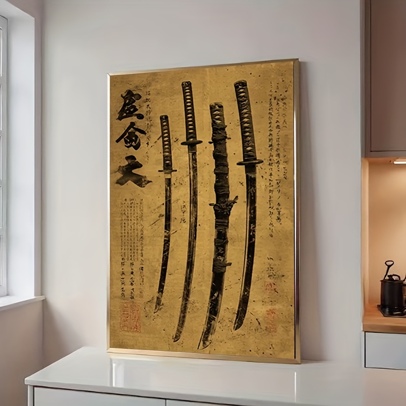 TEMU 2d Flat, 2d Flat, 1pc Of Frameless Canvas Painting, Distressed Effect, Handwriting, Japanese Sword Wall Art Poster - Old Print, With Traditional