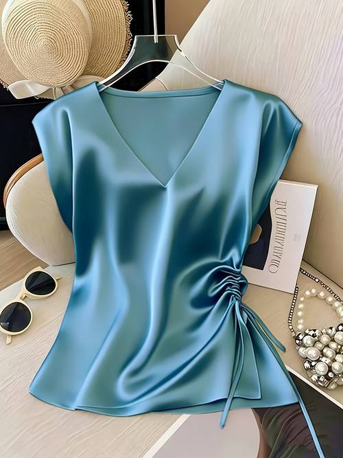 camisa de de color para mujer con cuello y plisado | diseño elegante con cordón para /verano/otoño