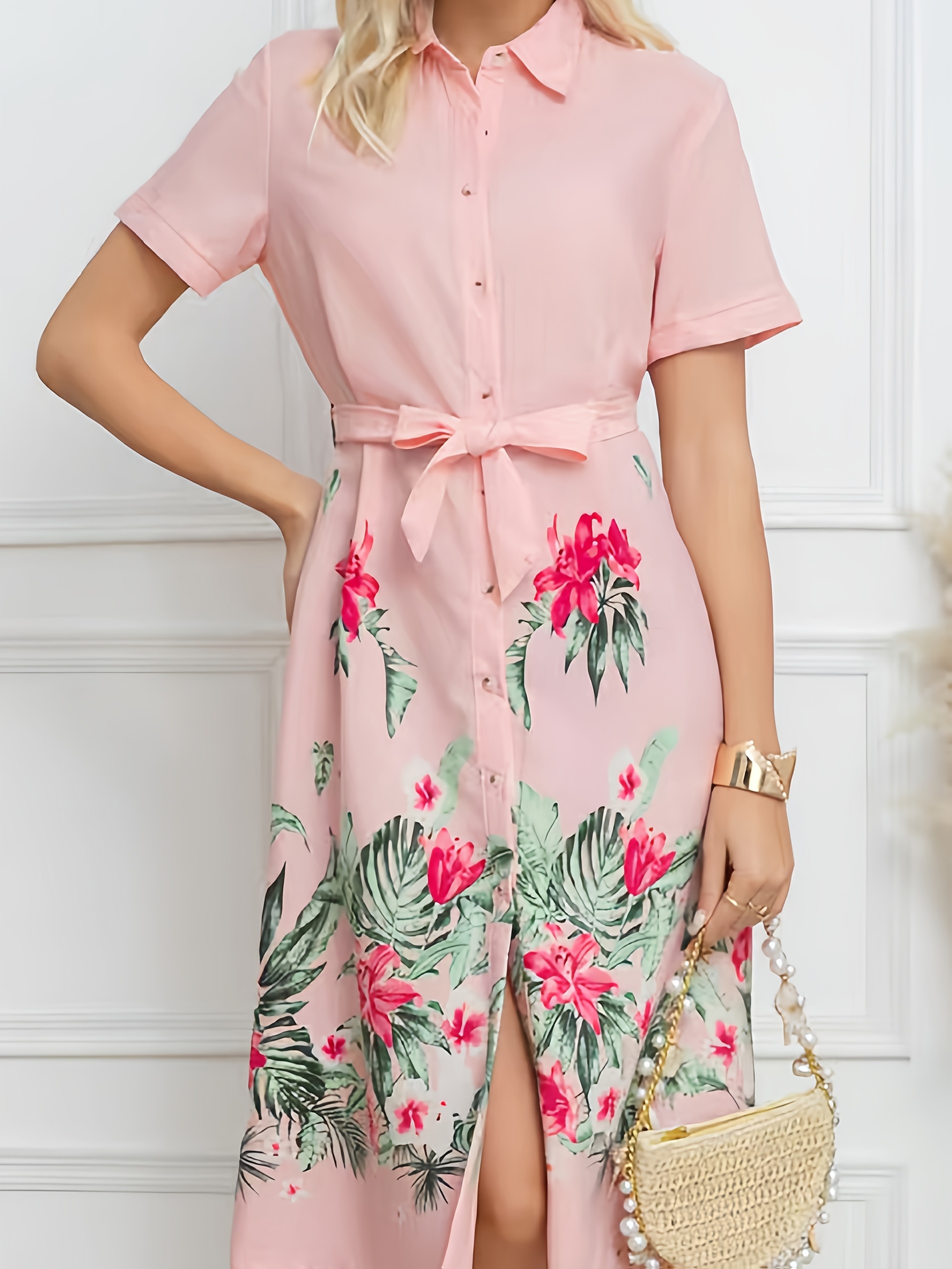 women's elegant pink floral print short sleeve dress tie Temu Oman
