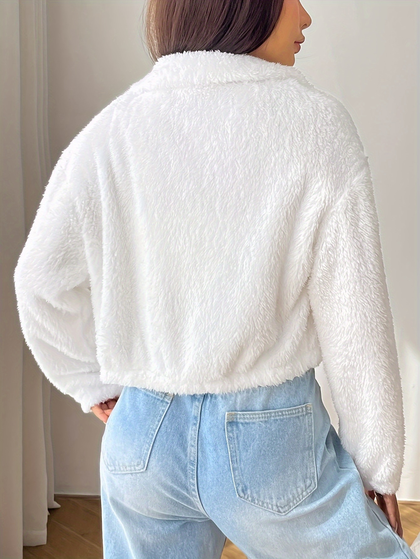 veste teddy zippée de couleur  , manteau décontracté à manches longues et épaules tombantes pour lautomne et lhiver, vêtements pour femmes Détails du produit 2