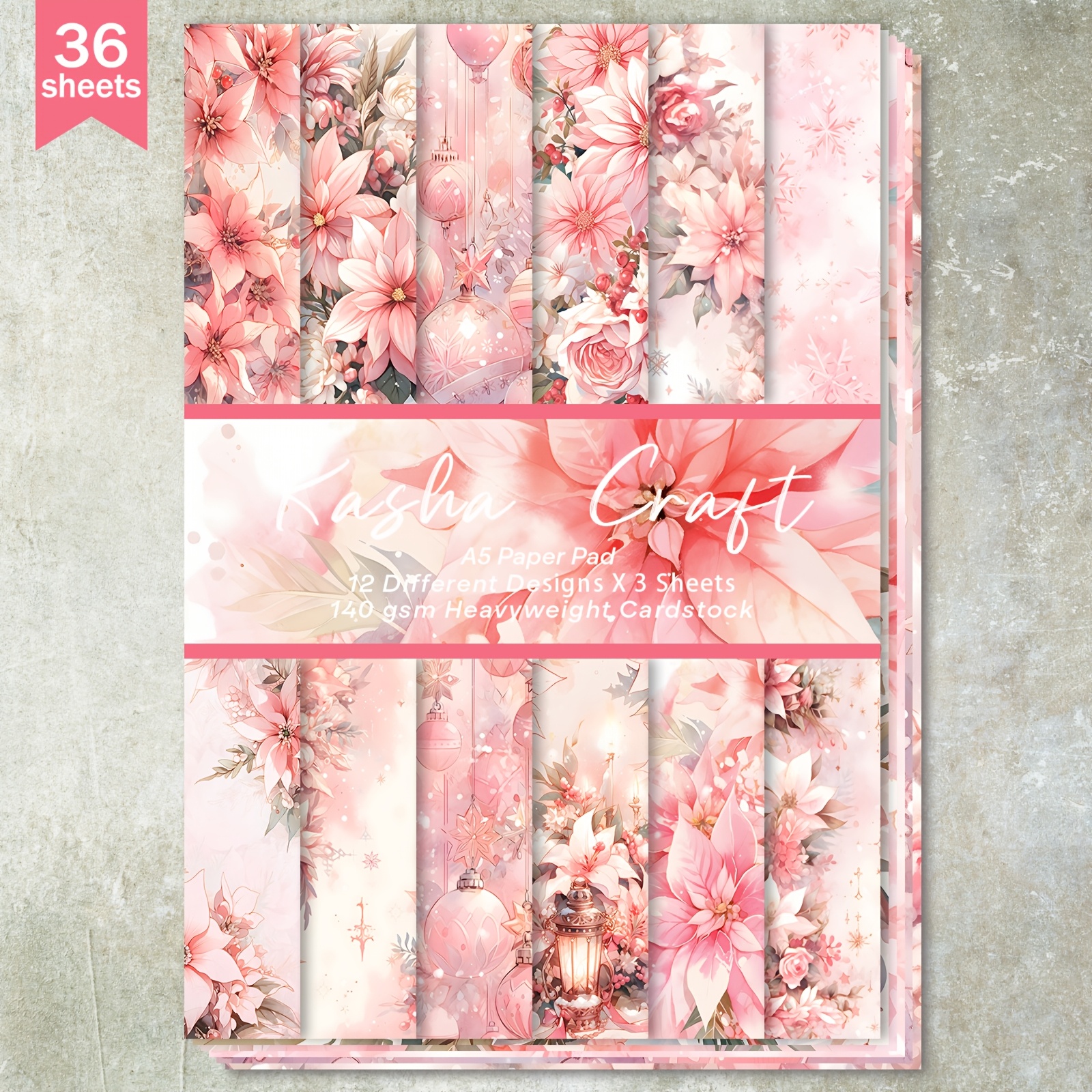 

36 Sheets A5 (pink Sparkling Flowers Christmas Background) Scrapbooking Thin Paper, Suitable For Bullet Diary, Trash Magazine, Greeting Card Background, Album And Handicrafts