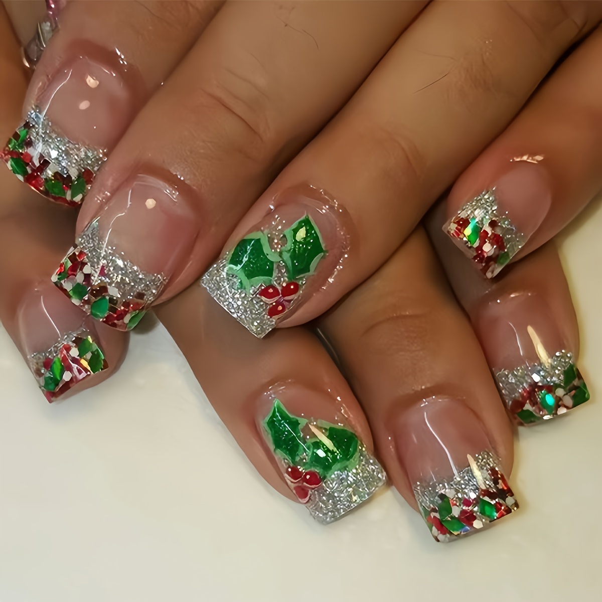 TEMU A Set Of 24 Short Square Press-on Nails In Christmas Series, Featuring Fashionable Green Leaves, Sweet Cherries, And Glitter. Elegant And