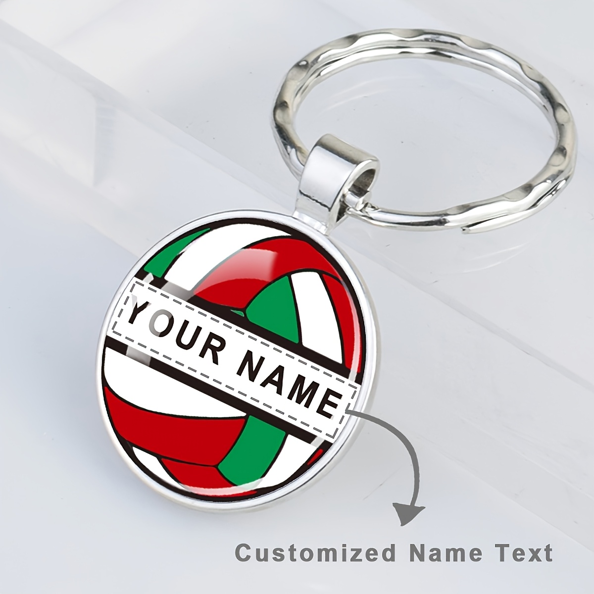 TEMU 1 llavero de voleibol con personalizado, texto de personalizado, llavero colgante de de vidrio de voleibol multicolor, llavero de estilo
