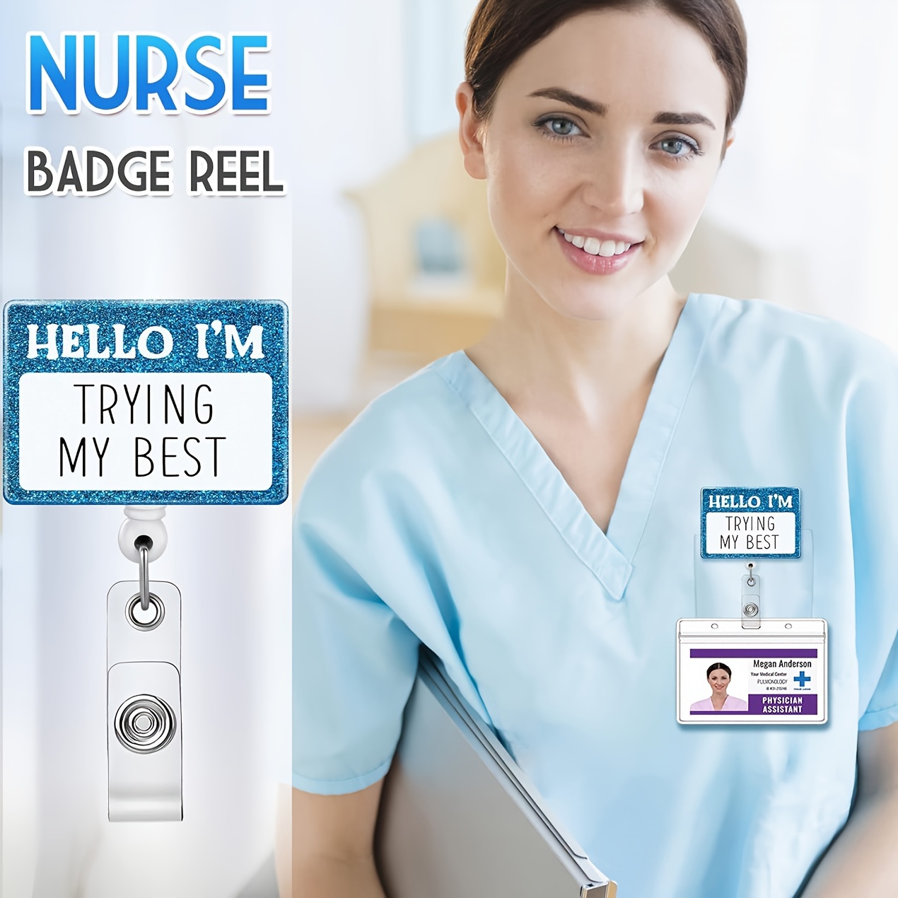 Badge Reel Holder Retractable With ID Clip For Nurse Nursing Name Tag Card  Funny Fun Hello I'm Trying My Best Nursing Teacher Doctor RN LPN Medical As