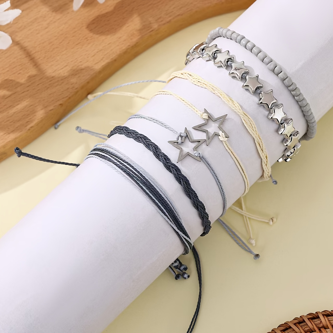 TEMU 7pcs Bohemian Ethnic Style Handmade Beaded Set, Hand-woven Adjustable Multi-strand Bracelet With Five-pointed Star Pendant
