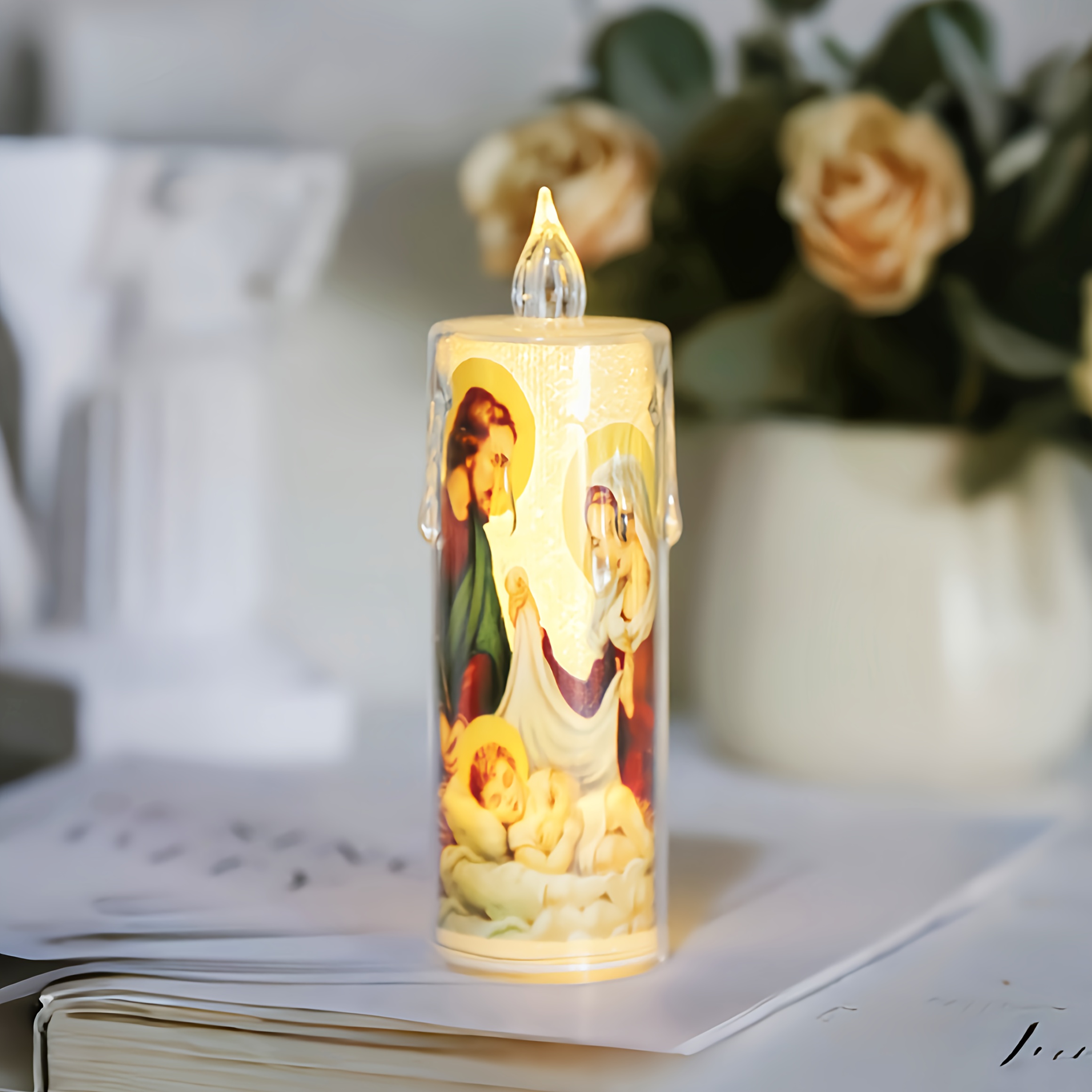 4pcs Religious LED Prayer Candles - Sacred Art Designs with Jesus, Mary, and Angels, Safe & Silent, Battery Operated, Perfect for Home Decor, Holiday, Birthday, and Church Ceremonies, Holiday Decor | Serene Atmosphere | Durable Plastic Candles, Christmas Decorations