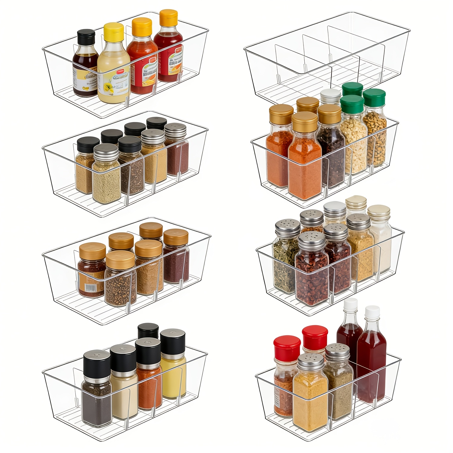 TEMU Set Of 8 Transparent Storage Bins For Organizing Food In The Pantry, Kitchen, Refrigerator, And Cabinets, Featuring 4 Compartments For Packets, Snacks, Pouches, And Spice Packets