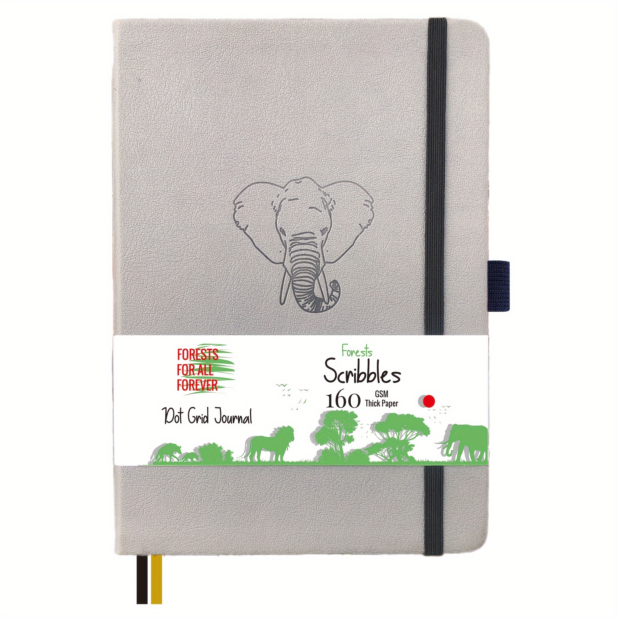 

Notebook Elephant Bullet , 160gsm Thick Cream Paper, 160 Pages Numbered, 5mm Dot Grid, Inner Pocket, Elastic Band, Pu Leather Hardcover, A5 Size - Grey