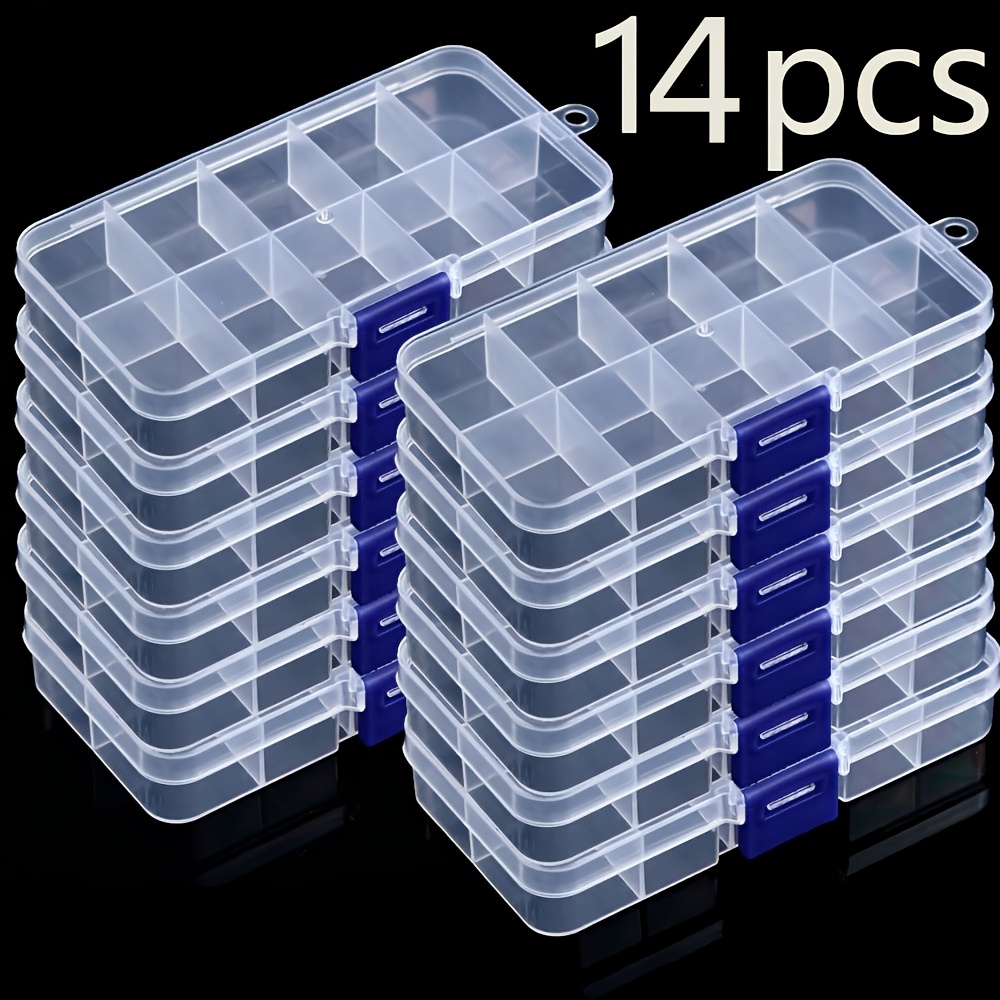 TEMU Boîte de rangement à vis en plastique transparent de petite taille à 10 compartiments, 14 pièces, boîte à outils, perles d'artisanat, bijoux,