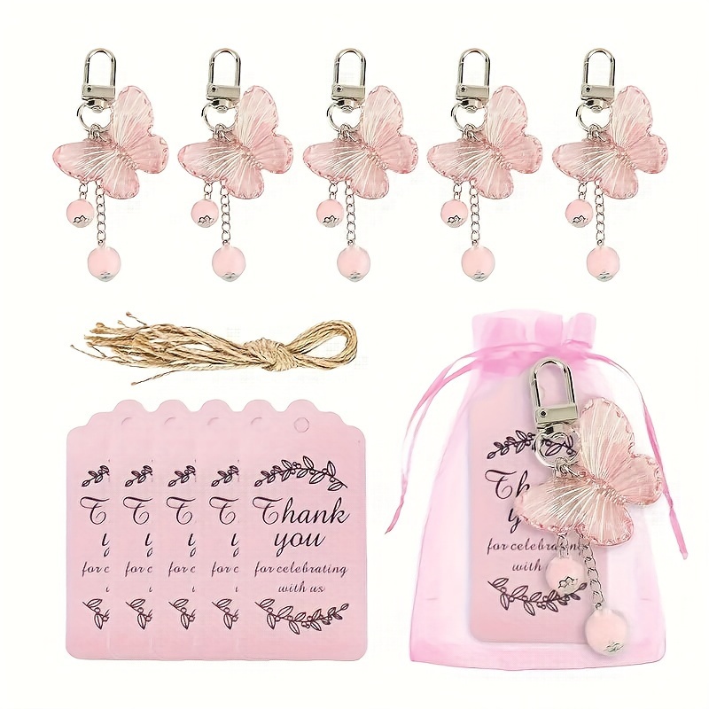 

30pcs/10set Butterfly Keychain Souvenir Set With Thank You Cards & Pink Silk Bag - Perfect For Baby Showers, Weddings, Bachelor Parties Friendship & Love Themed Gift Pack