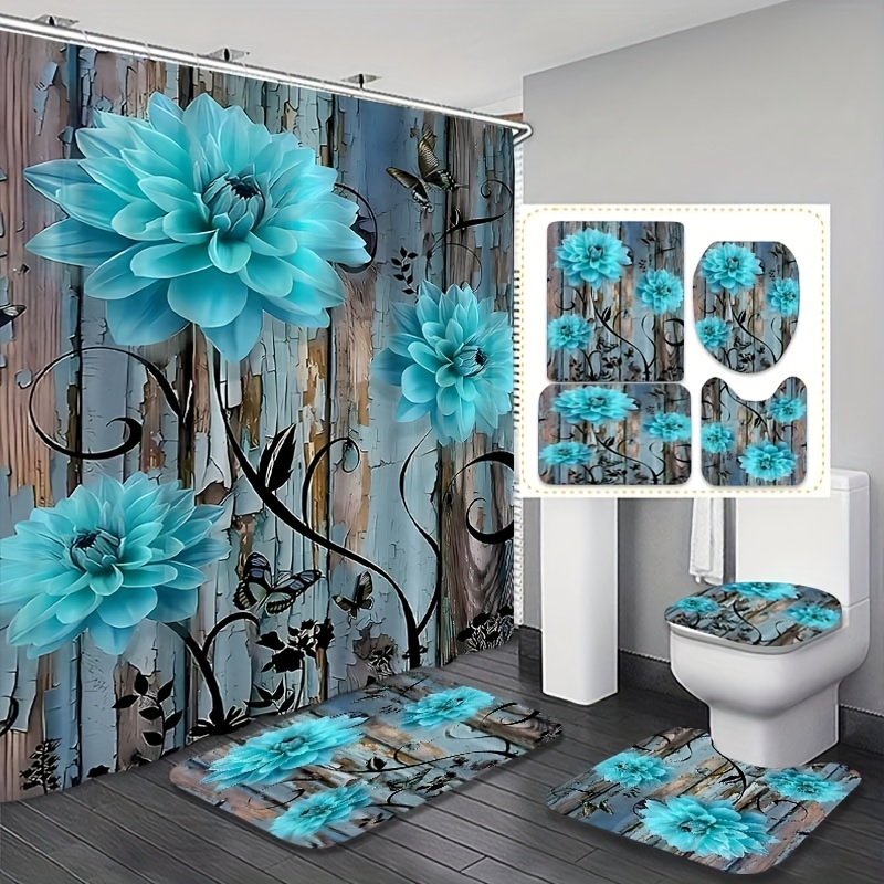 TEMU 4pcs Blue Flower Pattern Shower Curtain And Pad Set, Home Decoration Shower Curtain, Bathroom Shower, Bathroom Shower Curtain, Bathroom, Toilet